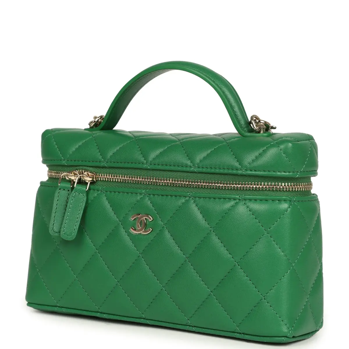 Chanel Chanel Top Handle Long Vanity Case with Chain Green Lambskin Light Gold Hardware | Thumbnail 5 Chanel Chanel Top Handle Long Vanity Case with Chain Green Lambskin Light Gold Hardware | Thumbnail 5