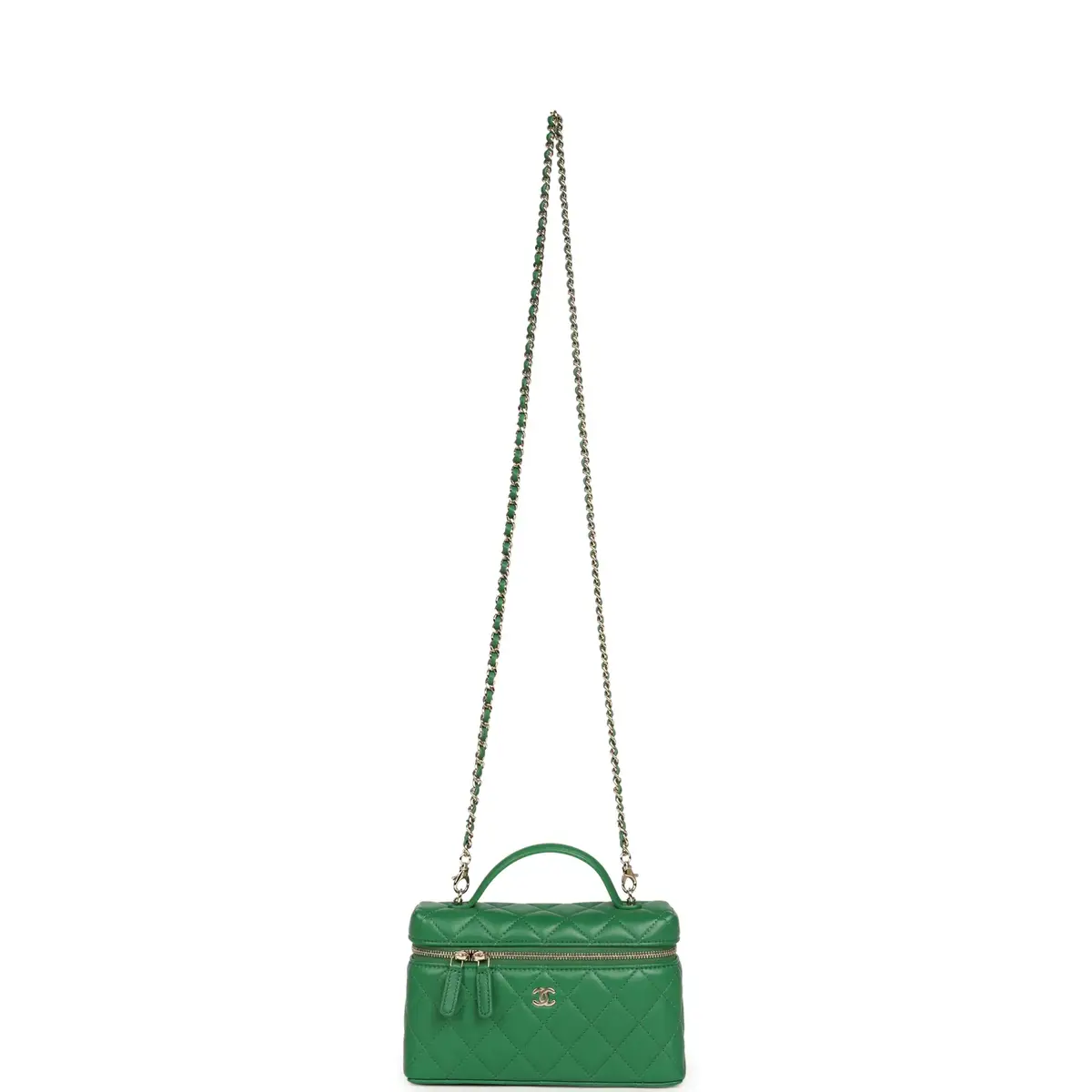 Chanel Chanel Top Handle Long Vanity Case with Chain Green Lambskin Light Gold Hardware | Thumbnail 7 Chanel Chanel Top Handle Long Vanity Case with Chain Green Lambskin Light Gold Hardware | Thumbnail 7