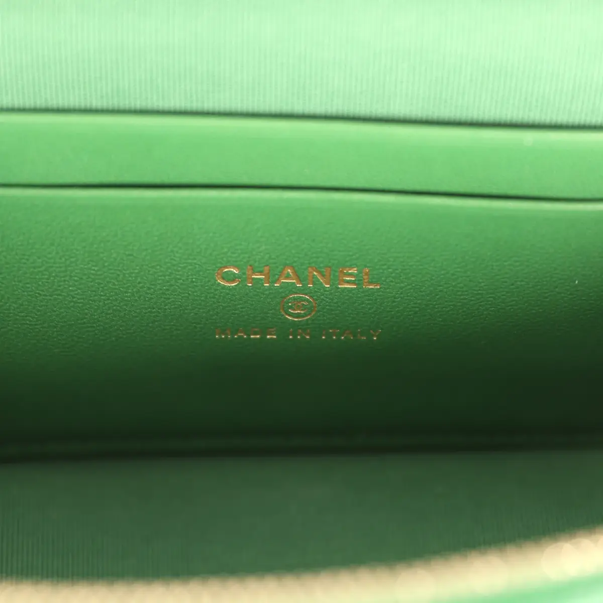 Chanel Chanel Top Handle Long Vanity Case with Chain Green Lambskin Light Gold Hardware | Thumbnail 9 Chanel Chanel Top Handle Long Vanity Case with Chain Green Lambskin Light Gold Hardware | Thumbnail 9