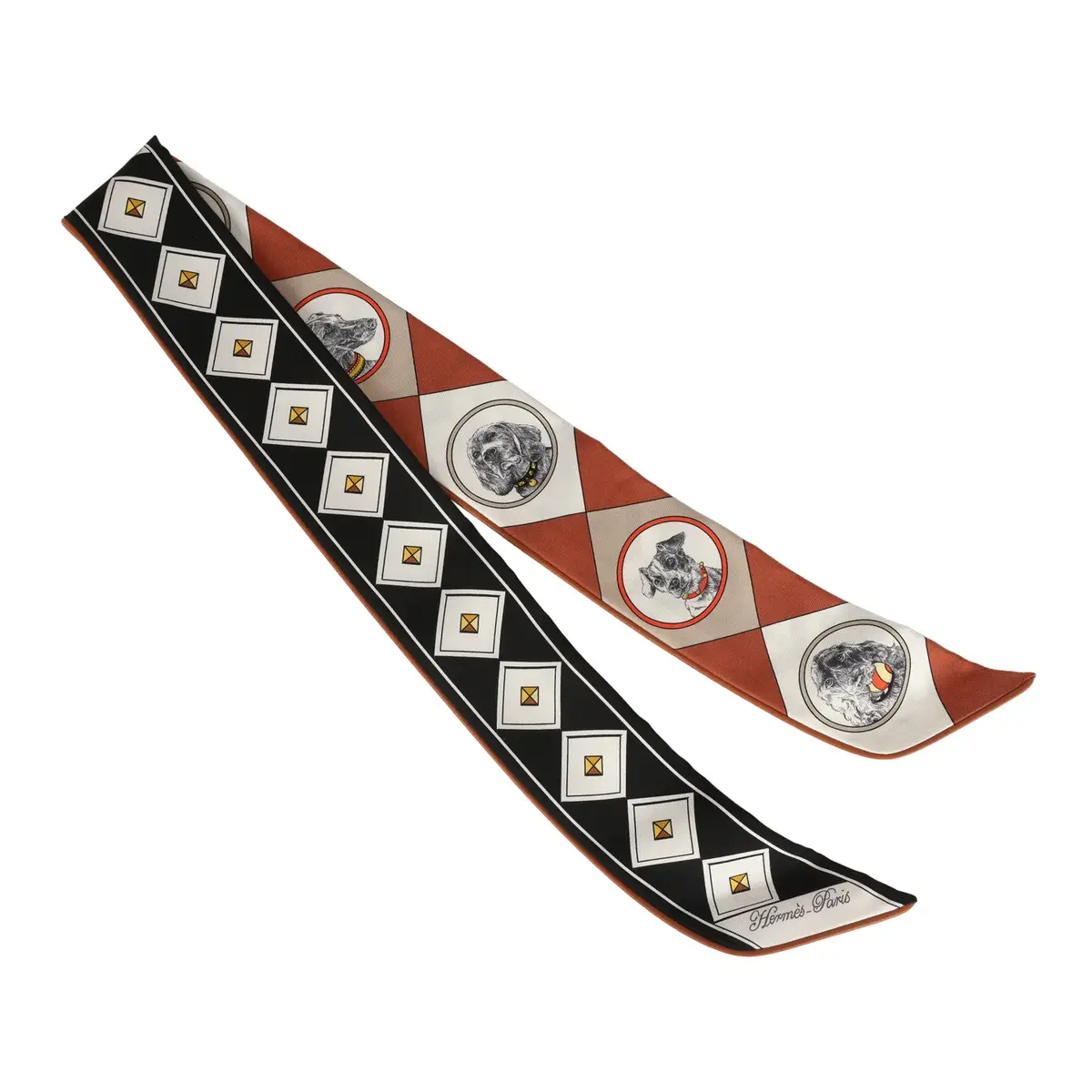 HERMÈS Hermes "Colliers et Chiens Forever" Black, Blanc, Caramel Leather Trim Silk | Thumbnail 2 HERMÈS Hermes "Colliers et Chiens Forever" Black, Blanc, Caramel Leather Trim Silk | Thumbnail 2