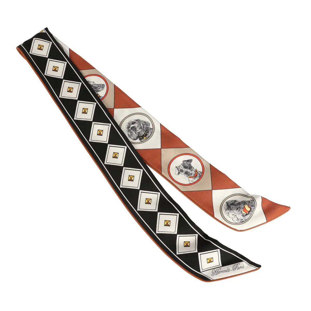 HERMÈS Hermes "Colliers et Chiens Forever" Black, Blanc, Caramel Leather Trim Silk | Thumbnail 2 HERMÈS Hermes "Colliers et Chiens Forever" Black, Blanc, Caramel Leather Trim Silk | Thumbnail 2