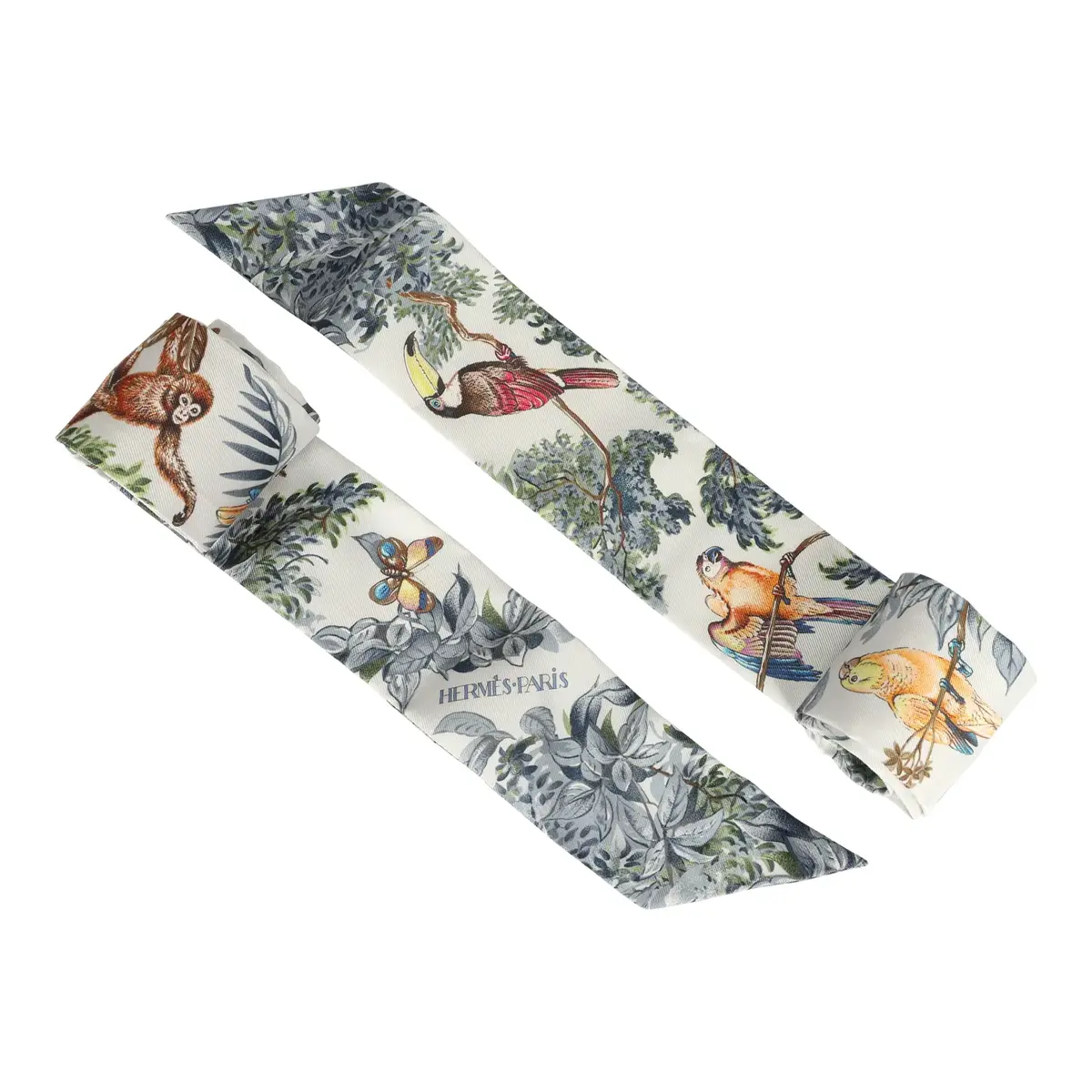 HERMÈS Hermes "Equateur" Gris Perle, Jaune, Vert Silk Twilly Pair | Thumbnail 4 HERMÈS Hermes "Equateur" Gris Perle, Jaune, Vert Silk Twilly Pair | Thumbnail 4