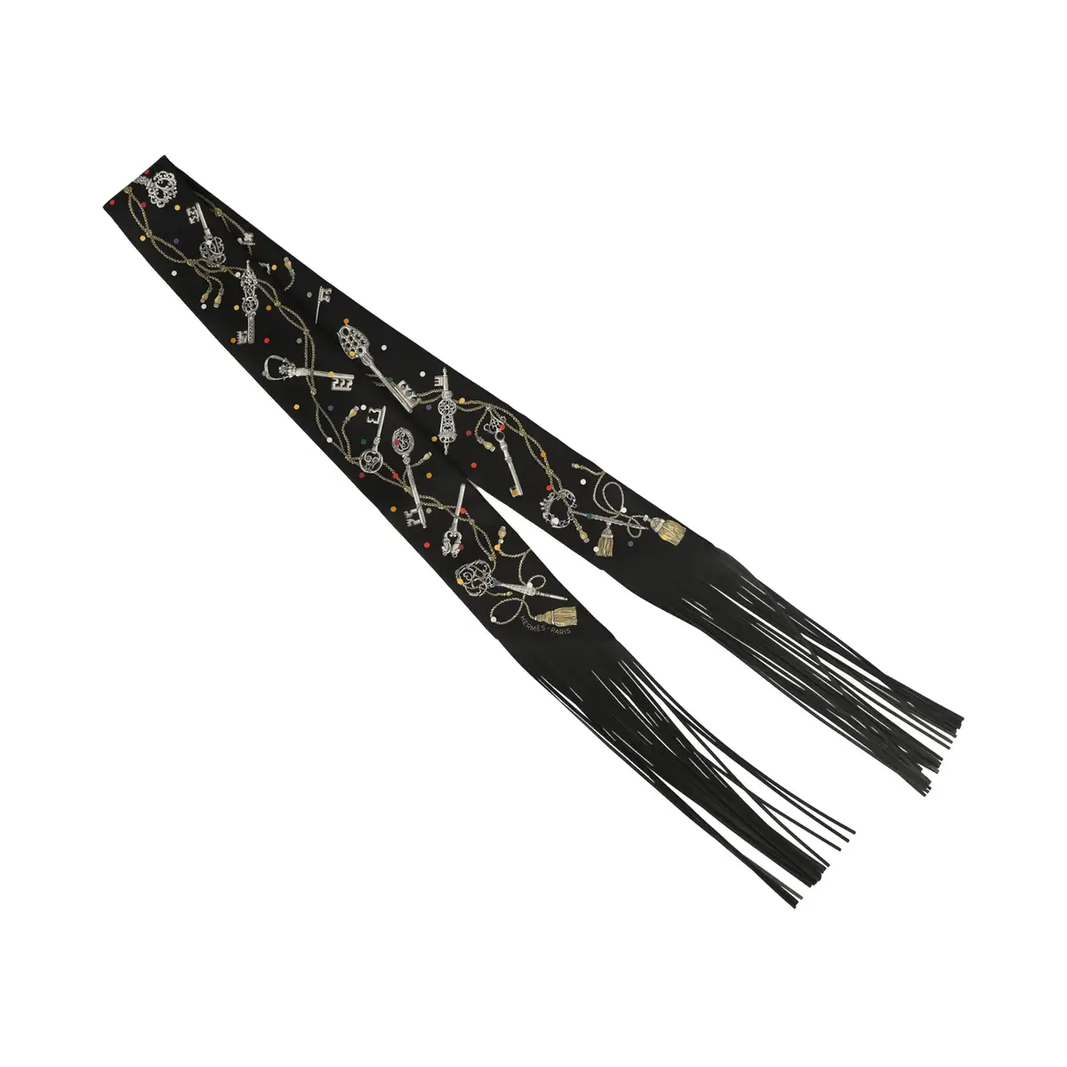 HERMÈS Hermes "Les Cles a Pois" Black, Multicolore, White Fringe Silk Twilly | Thumbnail 2 HERMÈS Hermes "Les Cles a Pois" Black, Multicolore, White Fringe Silk Twilly | Thumbnail 2