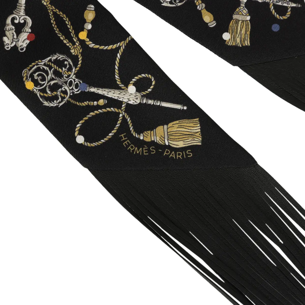 HERMÈS Hermes "Les Cles a Pois" Black, Multicolore, White Fringe Silk Twilly | Thumbnail 3 HERMÈS Hermes "Les Cles a Pois" Black, Multicolore, White Fringe Silk Twilly | Thumbnail 3