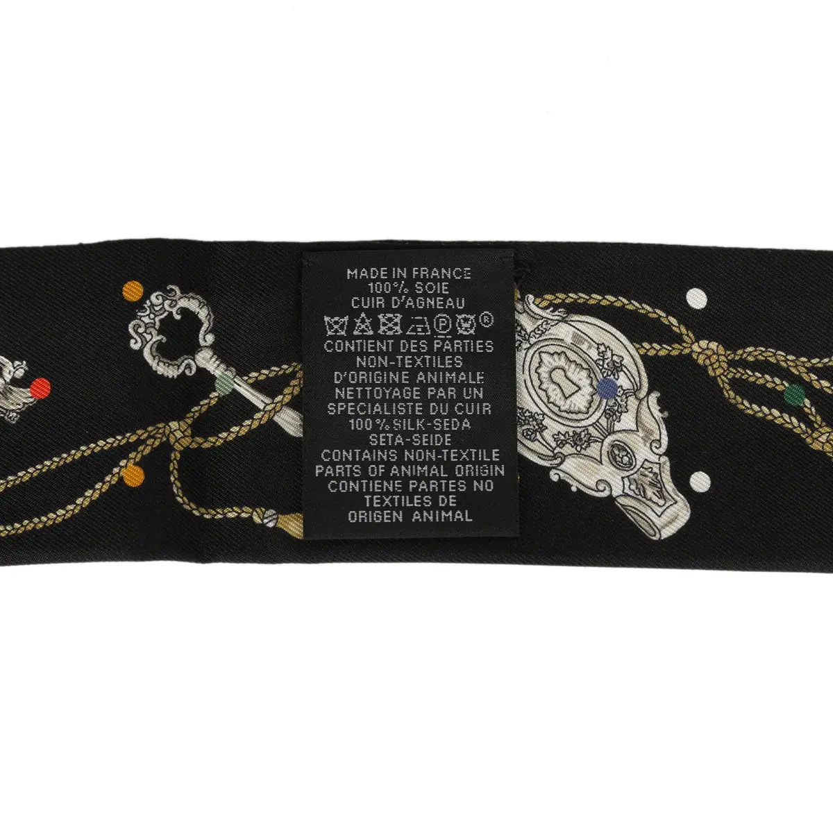 HERMÈS Hermes "Les Cles a Pois" Black, Multicolore, White Fringe Silk Twilly | Thumbnail 4 HERMÈS Hermes "Les Cles a Pois" Black, Multicolore, White Fringe Silk Twilly | Thumbnail 4