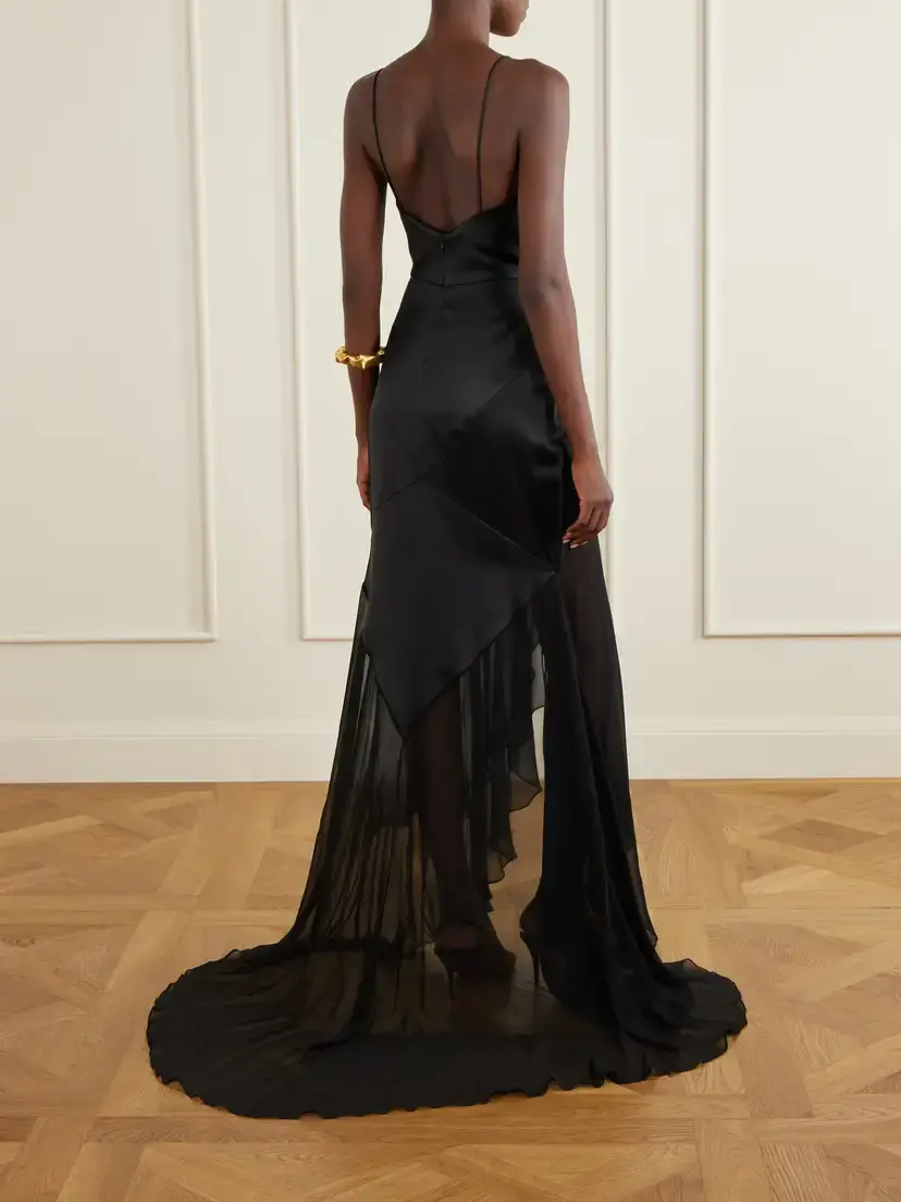 Alex Perry Paneled Silk-satin And Georgette Gown - Black | Thumbnail 3 Alex Perry Paneled Silk-satin And Georgette Gown - Black | Thumbnail 3