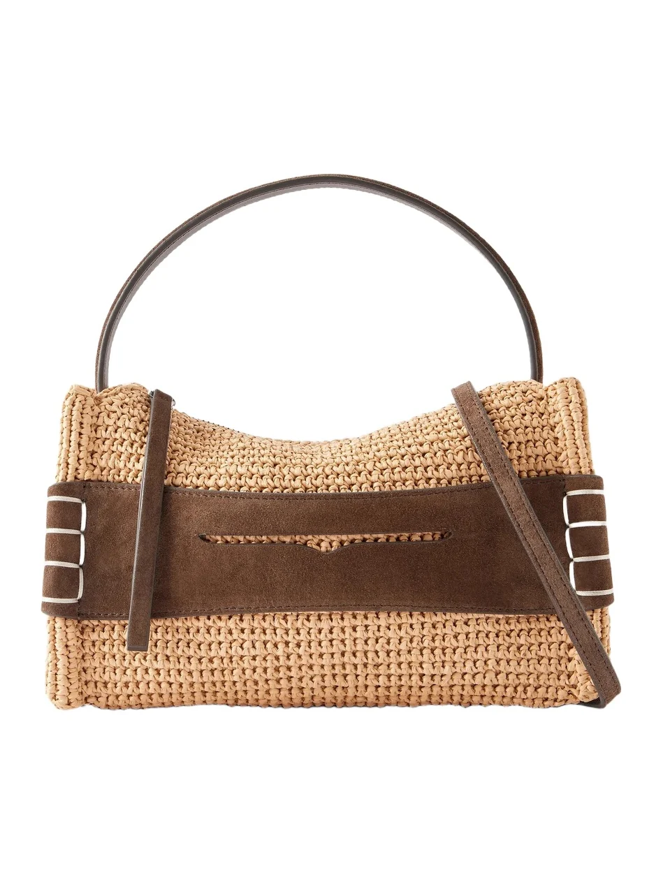 Loafer Suede-trimmed Raffia Shoulder Bag Loafer Suede-trimmed Raffia Shoulder Bag