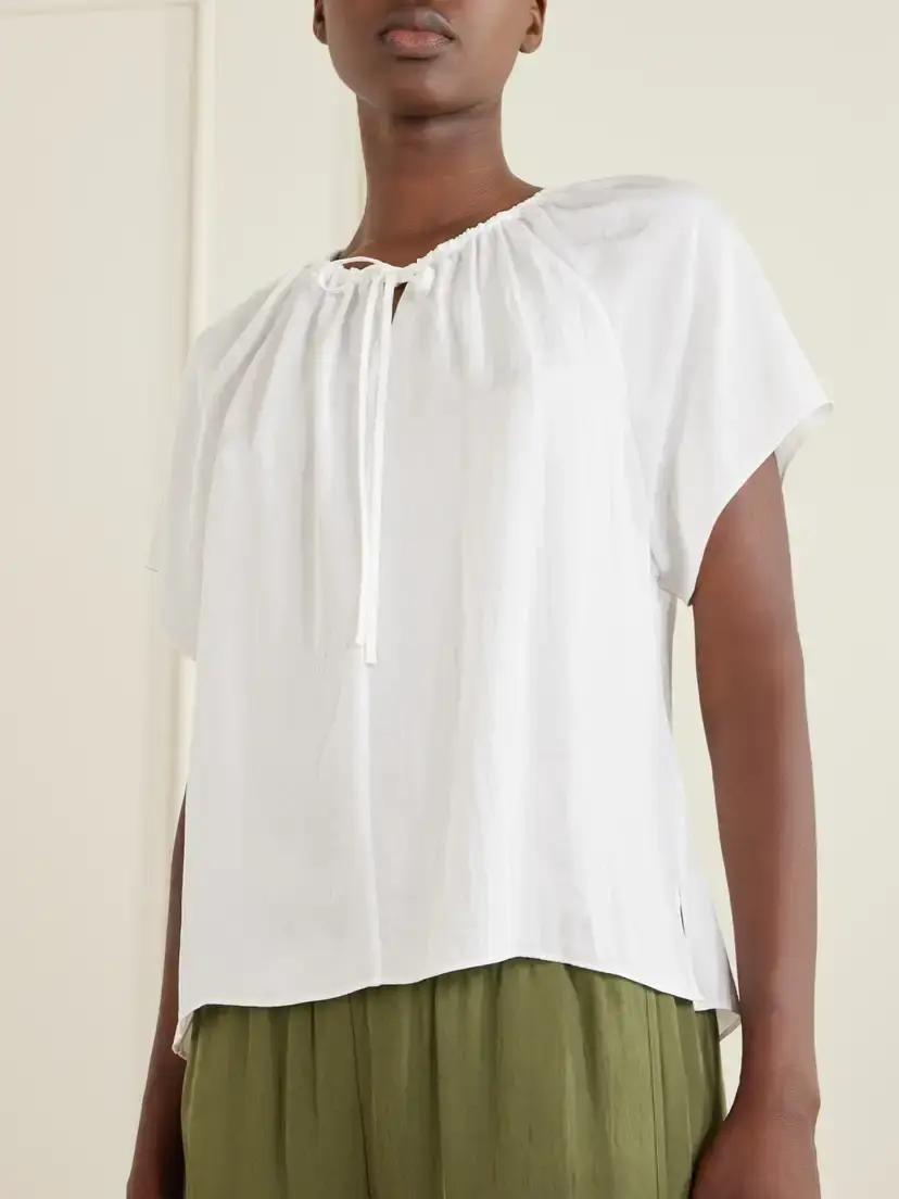 Theory Tie-detailed Ruched Crepon Blouse | Thumbnail 4 Theory Tie-detailed Ruched Crepon Blouse | Thumbnail 4