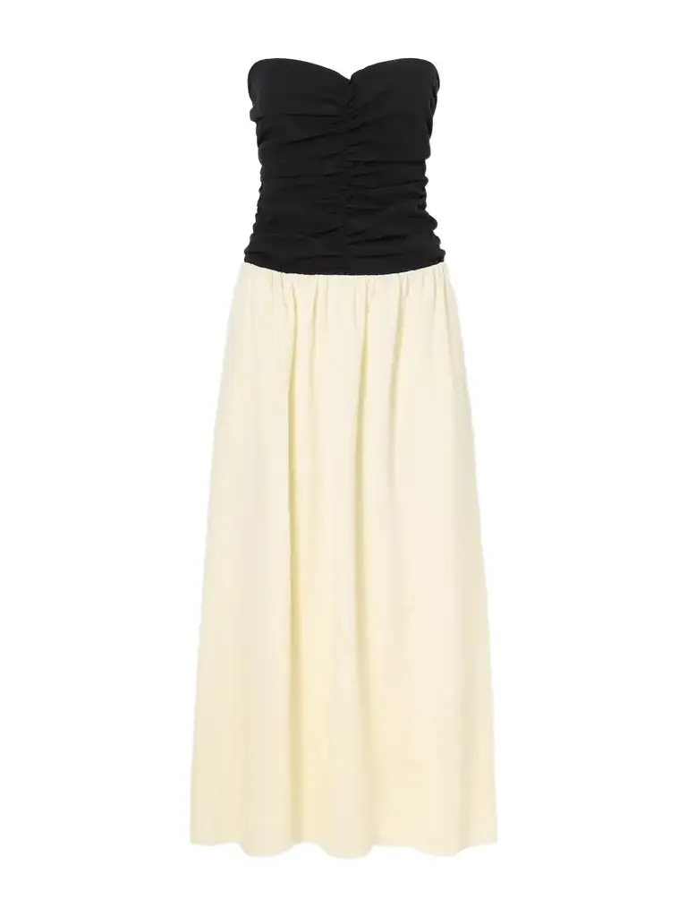 Faithfull Sant Roc Gathered-detail Cotton-blend Cloqué Midi Dress | Image 1 Faithfull Sant Roc Gathered-detail Cotton-blend Cloqué Midi Dress | Image 1