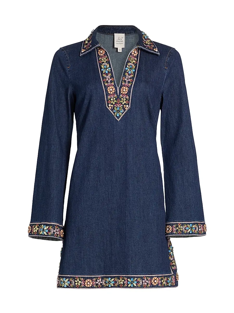 Cinq à Sept Women's Pierson Beaded Embellished Denim Mini-Shirtdress - Abyss | Image 1 Cinq à Sept Women's Pierson Beaded Embellished Denim Mini-Shirtdress - Abyss | Image 1