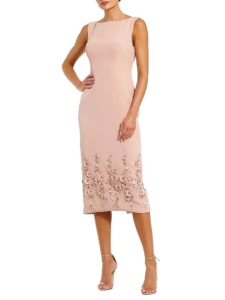 Women's Cocktail Embellished Crepe Sleeveless Sheath Midi-Dress Women's Cocktail Embellished Crepe Sleeveless Sheath Midi-Dress