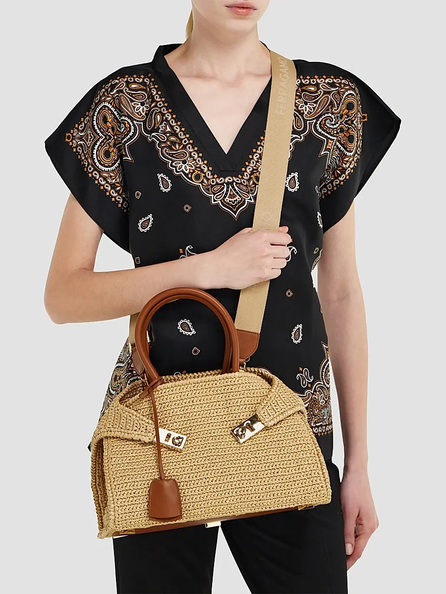 Ferragamo Women's Hug Medium Gancini Raffia Top Handle Bag | Thumbnail 2 Ferragamo Women's Hug Medium Gancini Raffia Top Handle Bag | Thumbnail 2