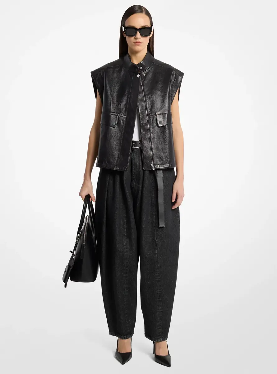 Michael Kors Collection Oversized Washed Leather Vest in Black | Thumbnail 3