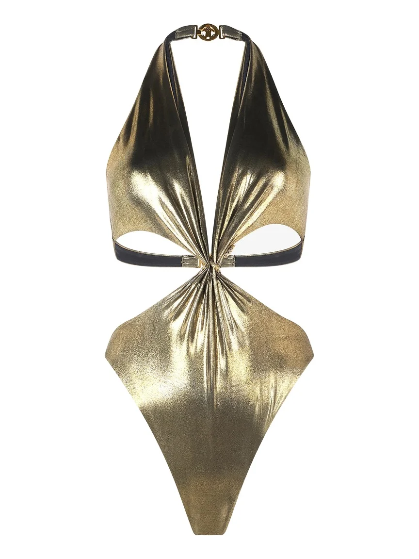 Golden One-Piece Swimsuit with Snake Detail and Cut-Outs
