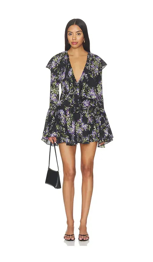 Norma Kamali Long Sleeve Deep V Ruffle Mini Dress | Image 1 Norma Kamali Long Sleeve Deep V Ruffle Mini Dress | Image 1