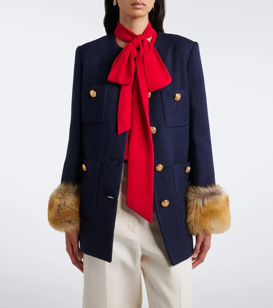 Valentino Garavani Shearling-trimmed wool-blend tweed jacket | Thumbnail 2