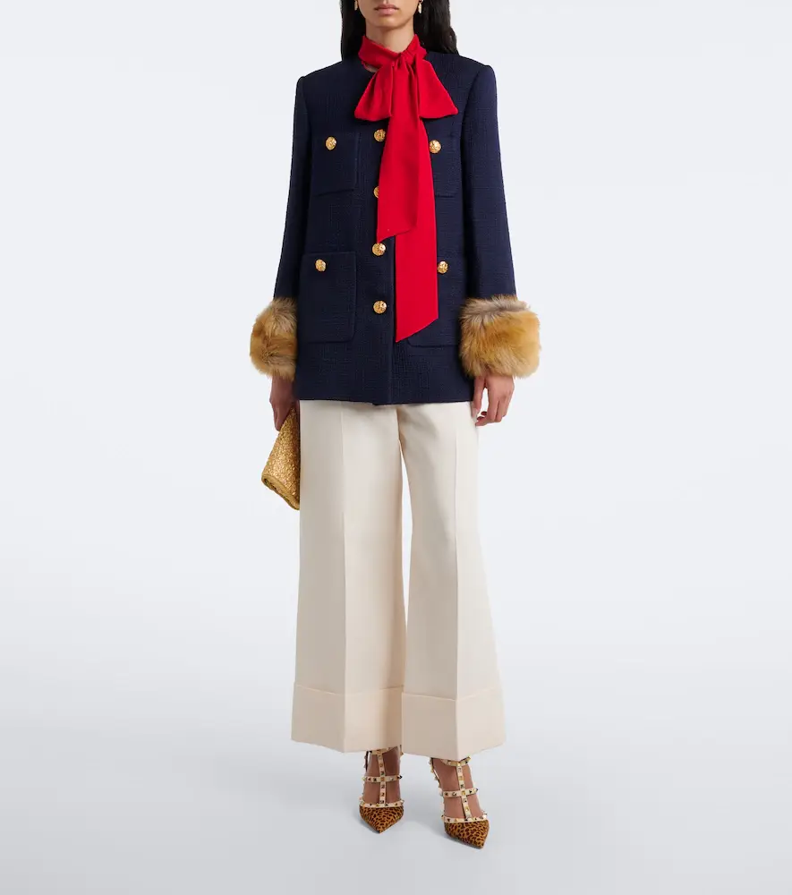 Valentino Garavani Shearling-trimmed wool-blend tweed jacket | Thumbnail 6
