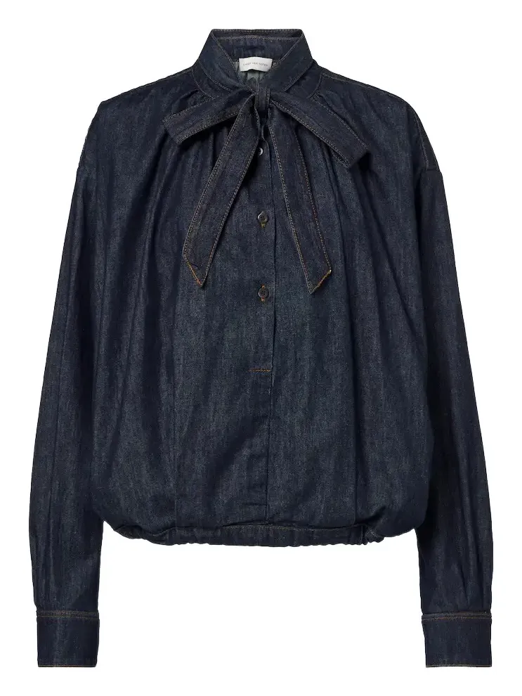 Tie-neck denim blouse
