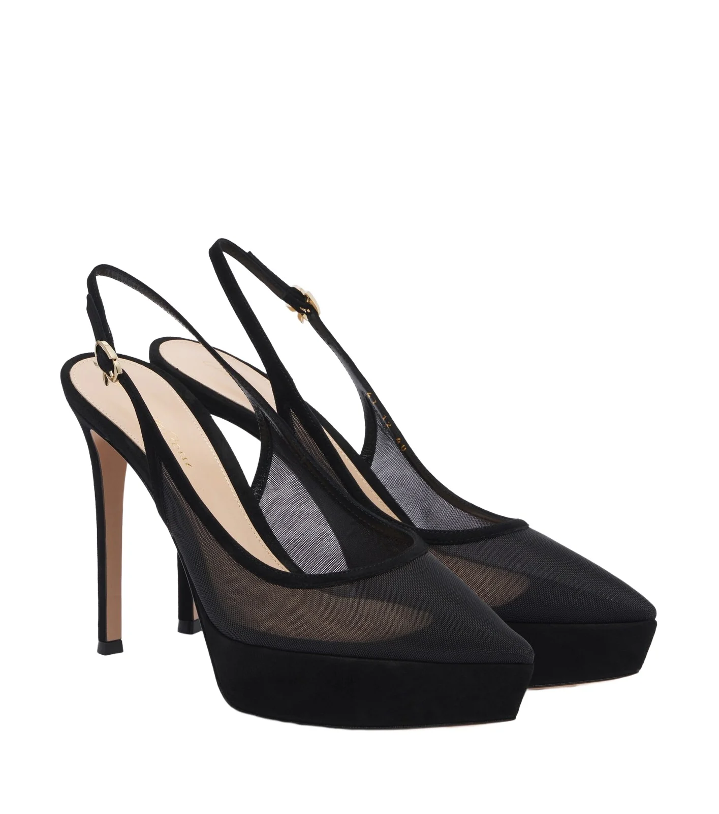 Suede-trimmed mesh platform slingback pumps Suede-trimmed mesh platform slingback pumps