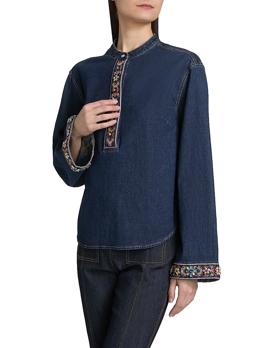 Cinq à Sept Women's Birdie Embellished Denim Top | Thumbnail 4