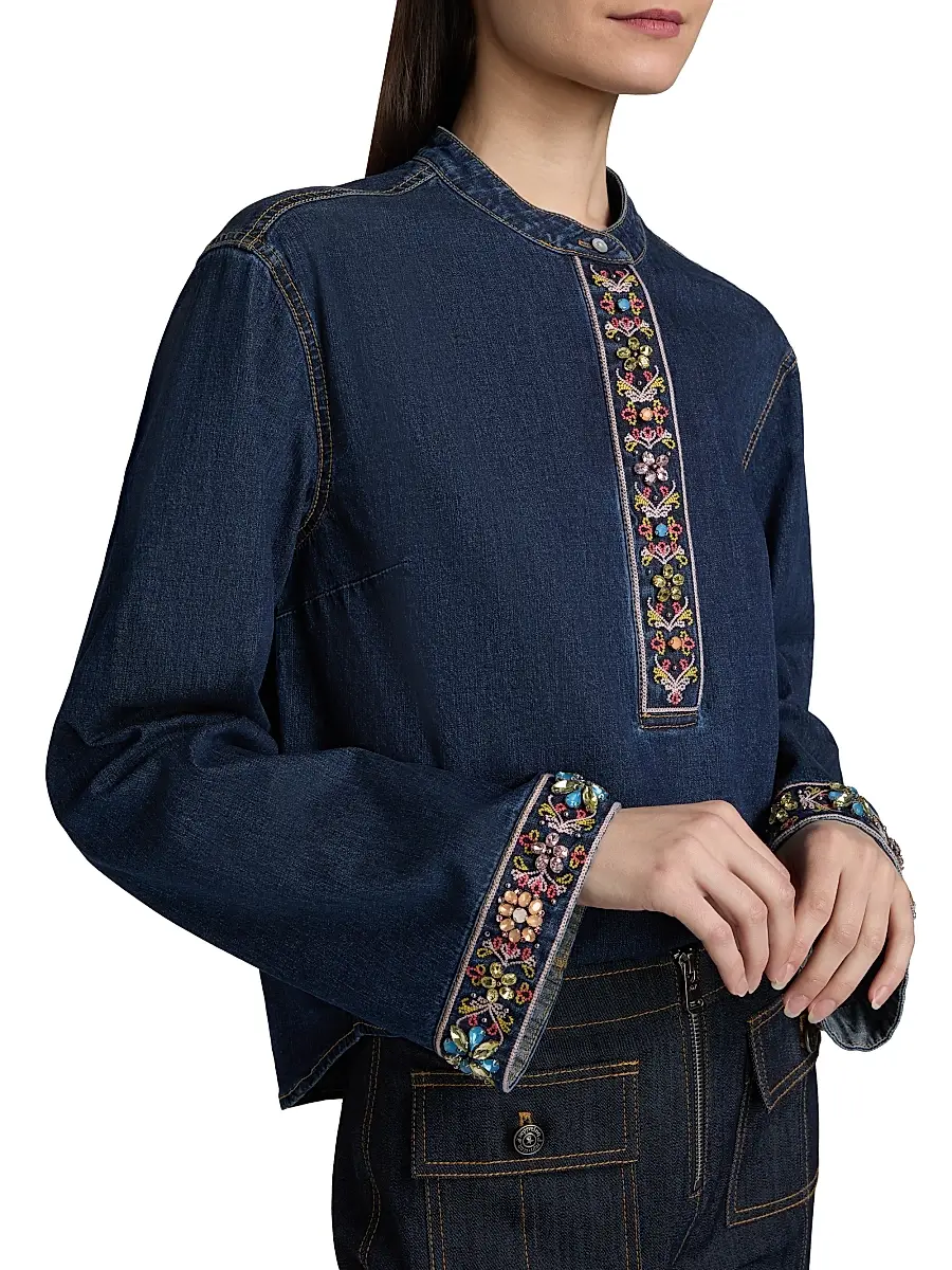 Cinq à Sept Women's Birdie Embellished Denim Top | Thumbnail 6