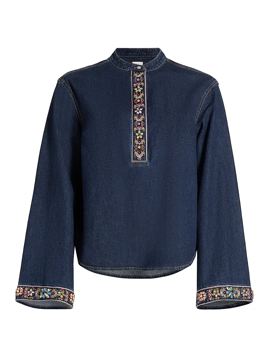Cinq à Sept Women's Birdie Embellished Denim Top - Abyss | Image 1 Cinq à Sept Women's Birdie Embellished Denim Top - Abyss | Image 1