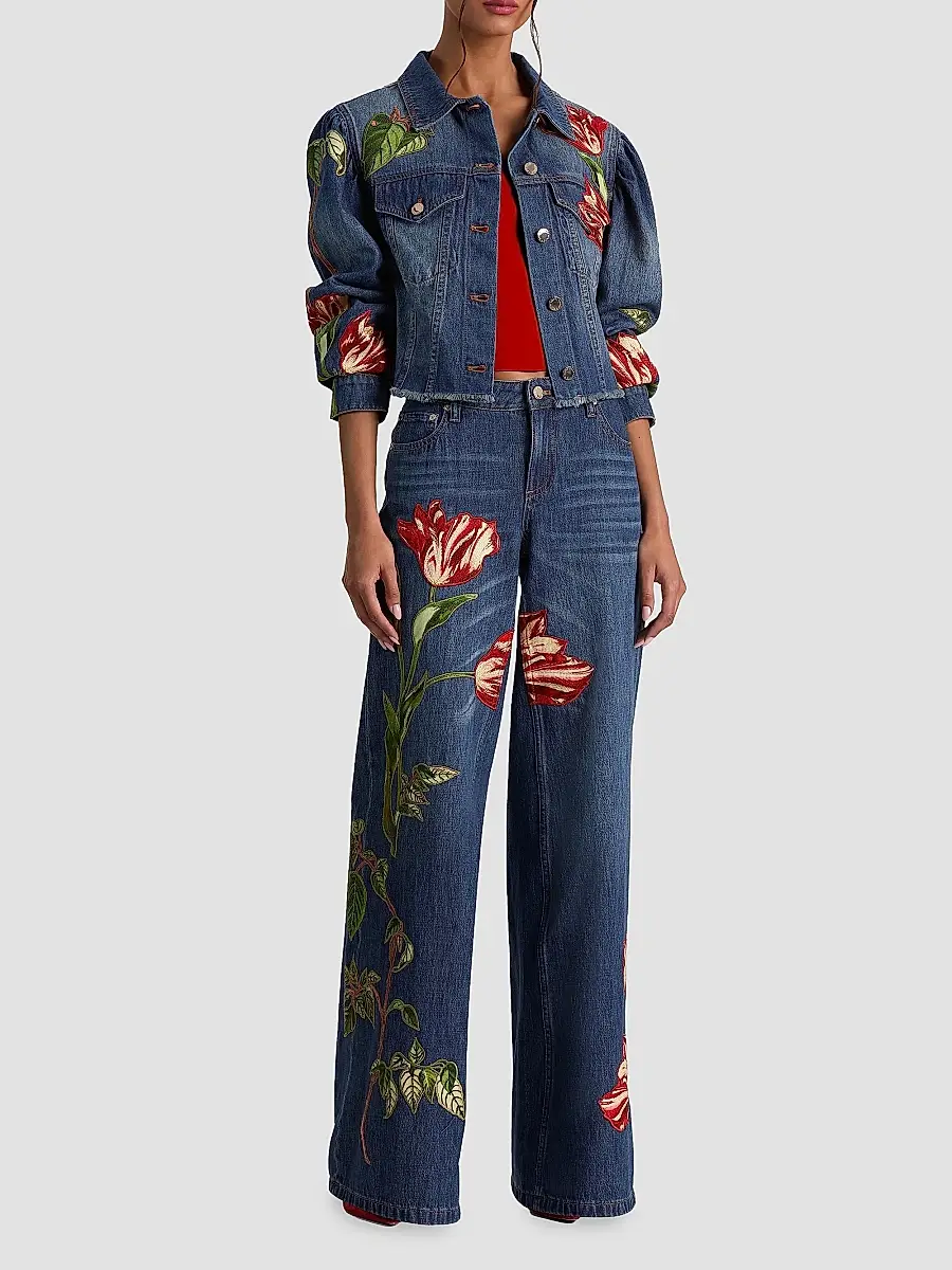 Alice + Olivia Women's Elijah Embroidered Appliqué Crop Denim Jacket | Thumbnail 2 Alice + Olivia Women's Elijah Embroidered Appliqué Crop Denim Jacket | Thumbnail 2