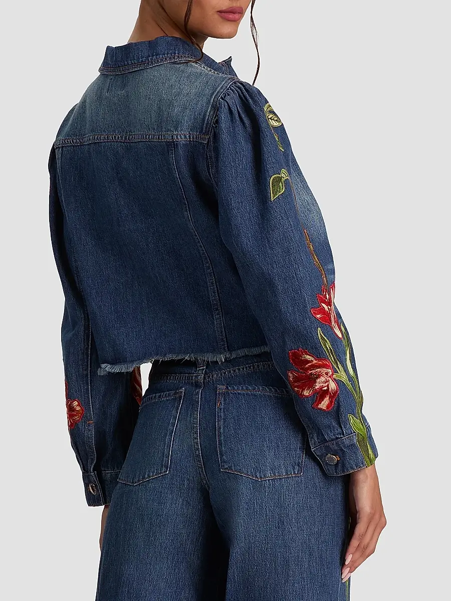 Alice + Olivia Women's Elijah Embroidered Appliqué Crop Denim Jacket | Thumbnail 3 Alice + Olivia Women's Elijah Embroidered Appliqué Crop Denim Jacket | Thumbnail 3