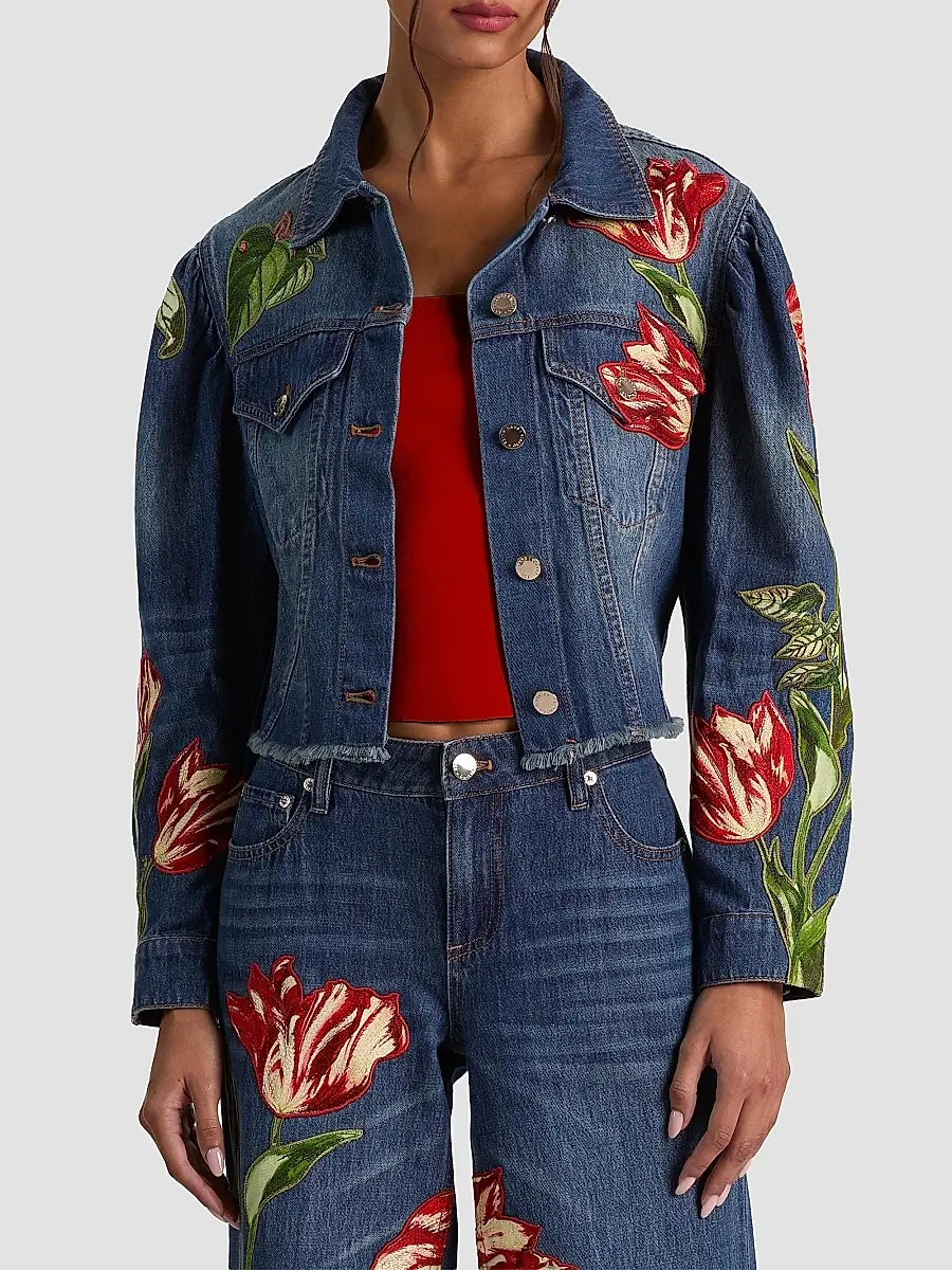 Alice + Olivia Women's Elijah Embroidered Appliqué Crop Denim Jacket | Thumbnail 4 Alice + Olivia Women's Elijah Embroidered Appliqué Crop Denim Jacket | Thumbnail 4