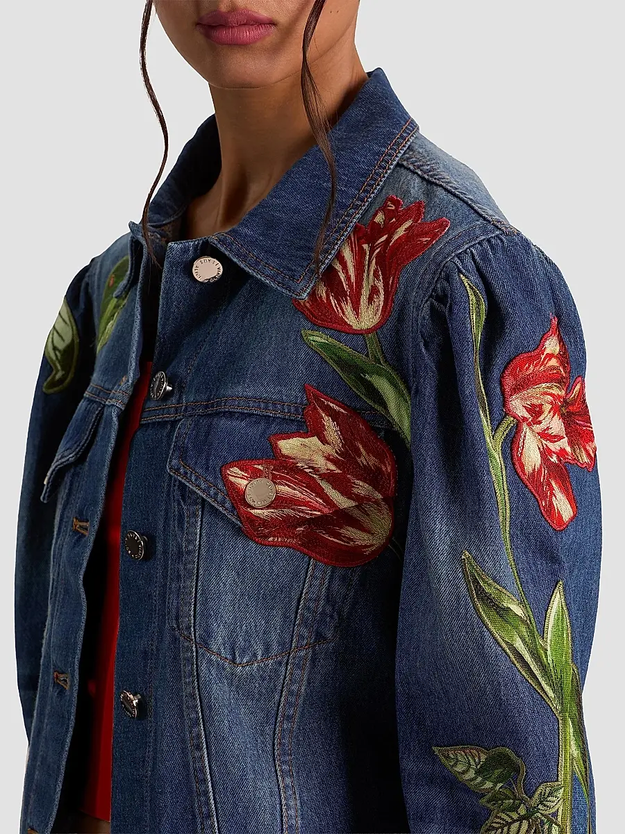 Alice + Olivia Women's Elijah Embroidered Appliqué Crop Denim Jacket | Thumbnail 5 Alice + Olivia Women's Elijah Embroidered Appliqué Crop Denim Jacket | Thumbnail 5