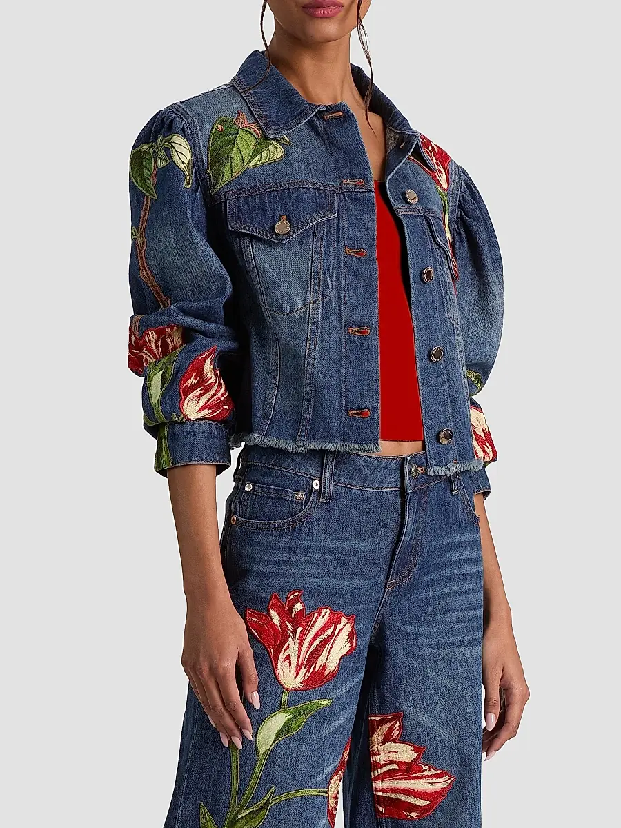 Alice + Olivia Women's Elijah Embroidered Appliqué Crop Denim Jacket | Thumbnail 6 Alice + Olivia Women's Elijah Embroidered Appliqué Crop Denim Jacket | Thumbnail 6