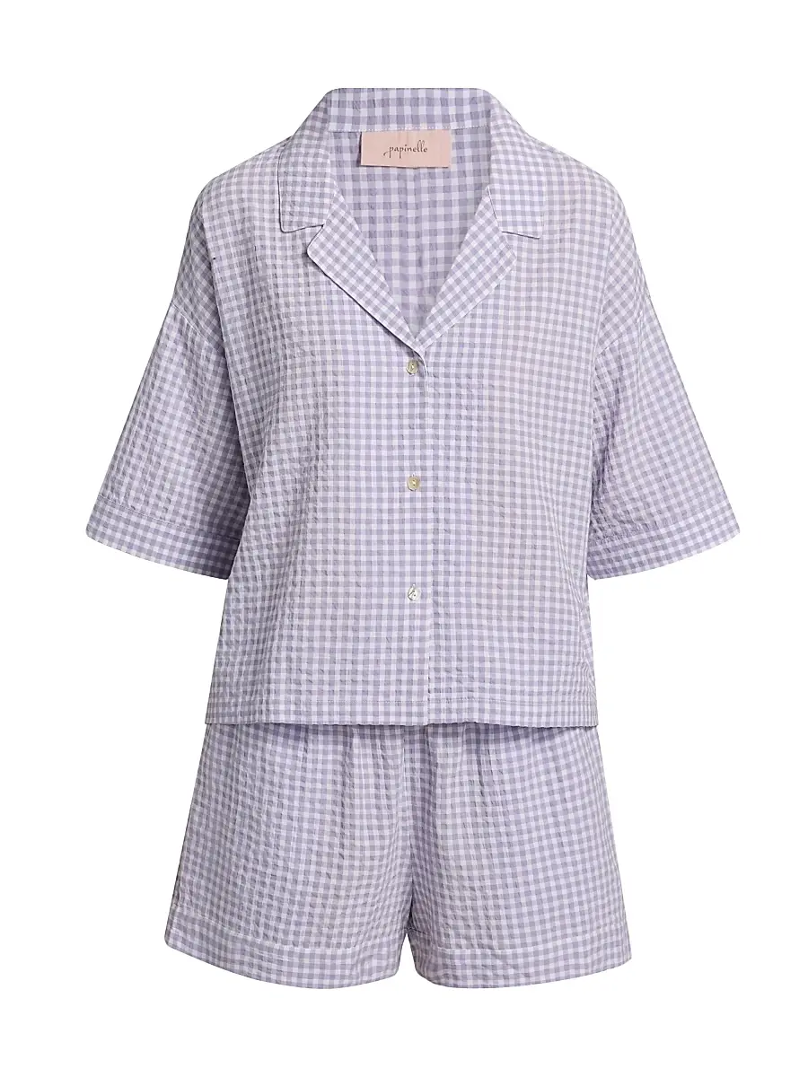 Papinelle Women's Seersucker Gingham Boxer Pajamas - Soft Lavender | Image 1 Papinelle Women's Seersucker Gingham Boxer Pajamas - Soft Lavender | Image 1