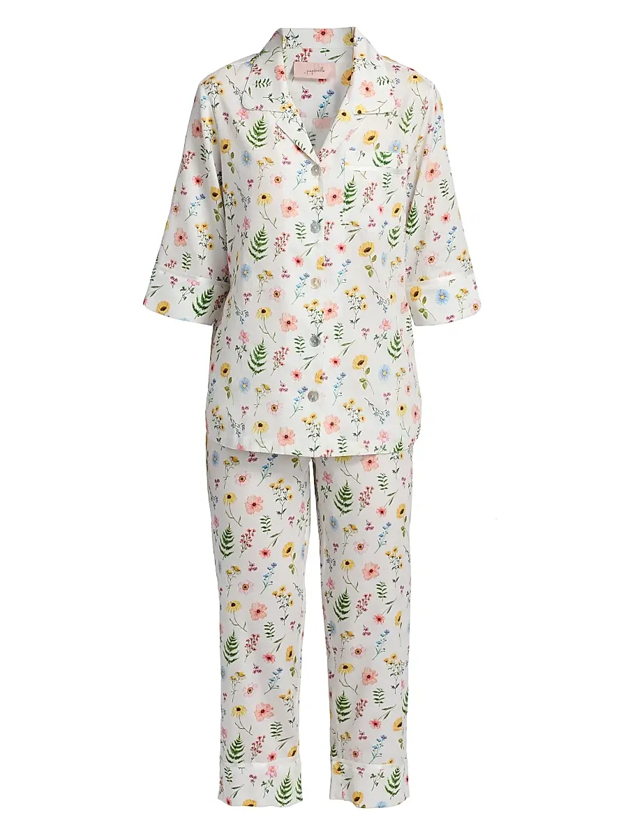 Papinelle Women's Elodie Wildflower Cotton Crop Pajamas - White | Image 1 Papinelle Women's Elodie Wildflower Cotton Crop Pajamas - White | Image 1