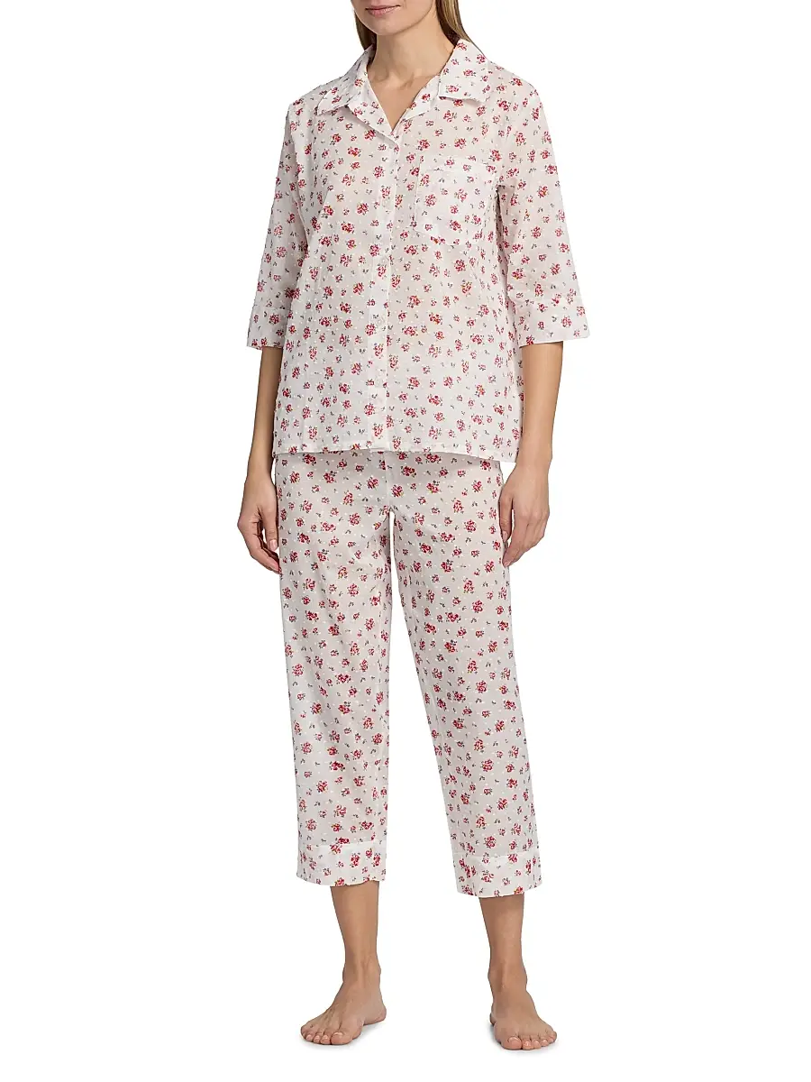 Papinelle Women's Swiss Dot Floral Cotton Crop Pajamas | Thumbnail 2