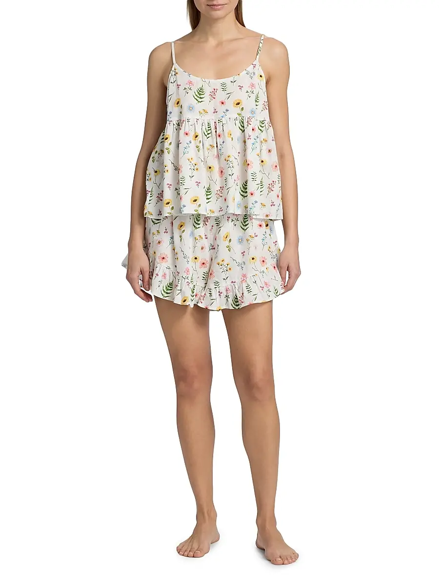Papinelle Women's Elodie Wildfloral Cotton Cami & Boxer Pajamas - White | Thumbnail 2