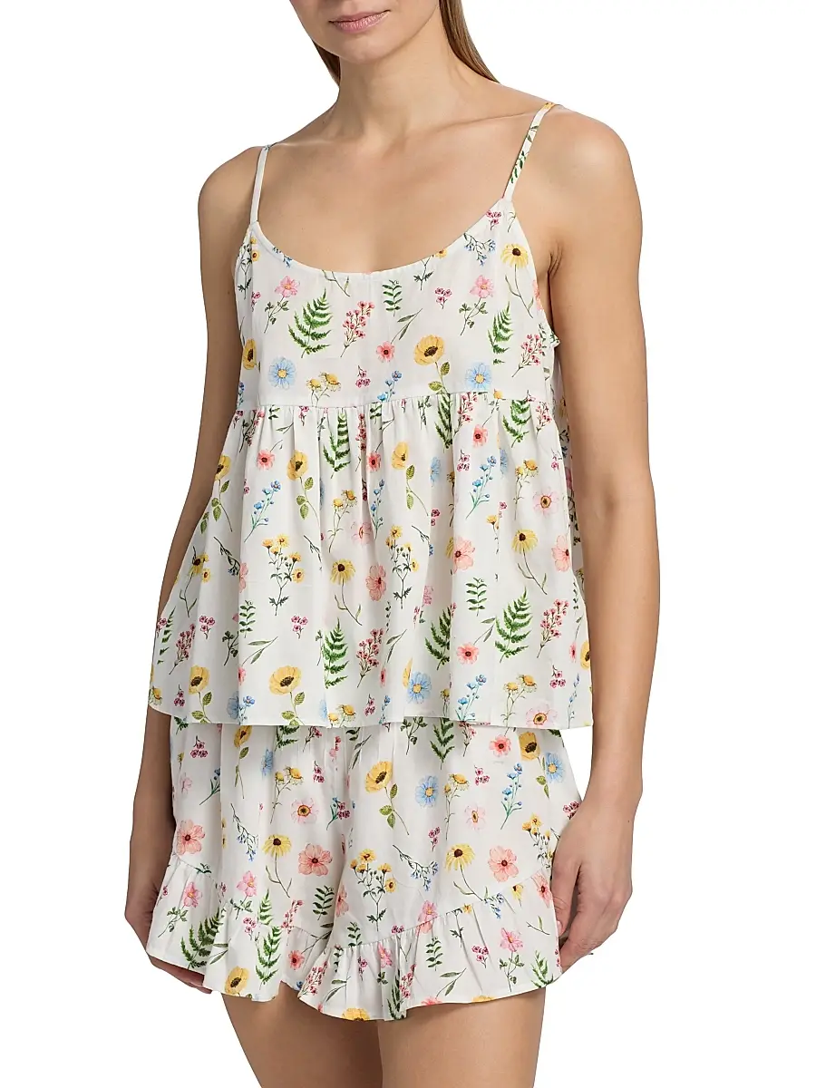 Papinelle Women's Elodie Wildfloral Cotton Cami & Boxer Pajamas - White | Thumbnail 3
