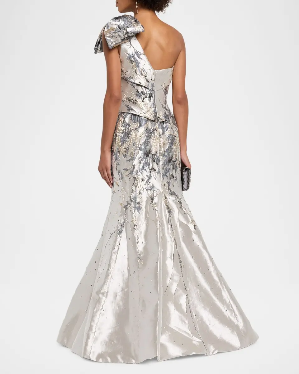 Rene Ruiz Collection One-Shoulder Bow Metallic Brocade Trumpet Gown | Thumbnail 3 Rene Ruiz Collection One-Shoulder Bow Metallic Brocade Trumpet Gown | Thumbnail 3
