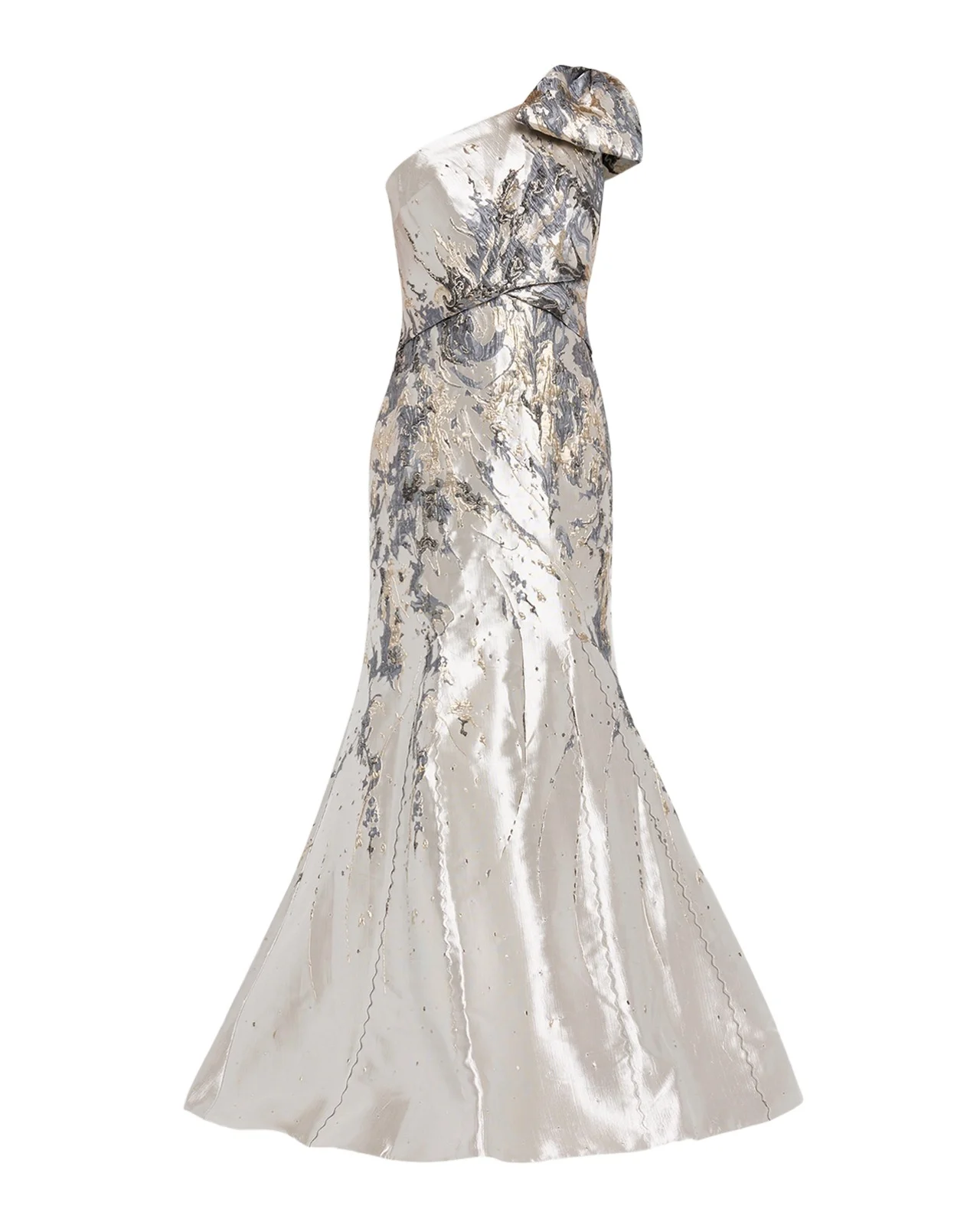 Rene Ruiz Collection One-Shoulder Bow Metallic Brocade Trumpet Gown