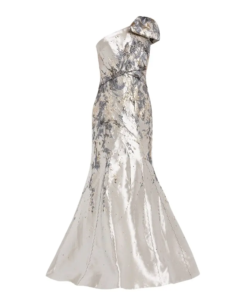 Rene Ruiz Collection One-Shoulder Bow Metallic Brocade Trumpet Gown | Image 1 Rene Ruiz Collection One-Shoulder Bow Metallic Brocade Trumpet Gown | Image 1