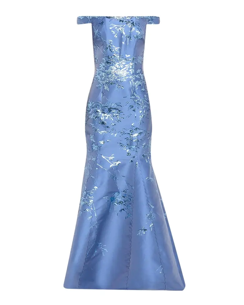 Rene Ruiz Collection Off-the-Shoulder Brocade Fit & Flare Gown | Image 1 Rene Ruiz Collection Off-the-Shoulder Brocade Fit & Flare Gown | Image 1