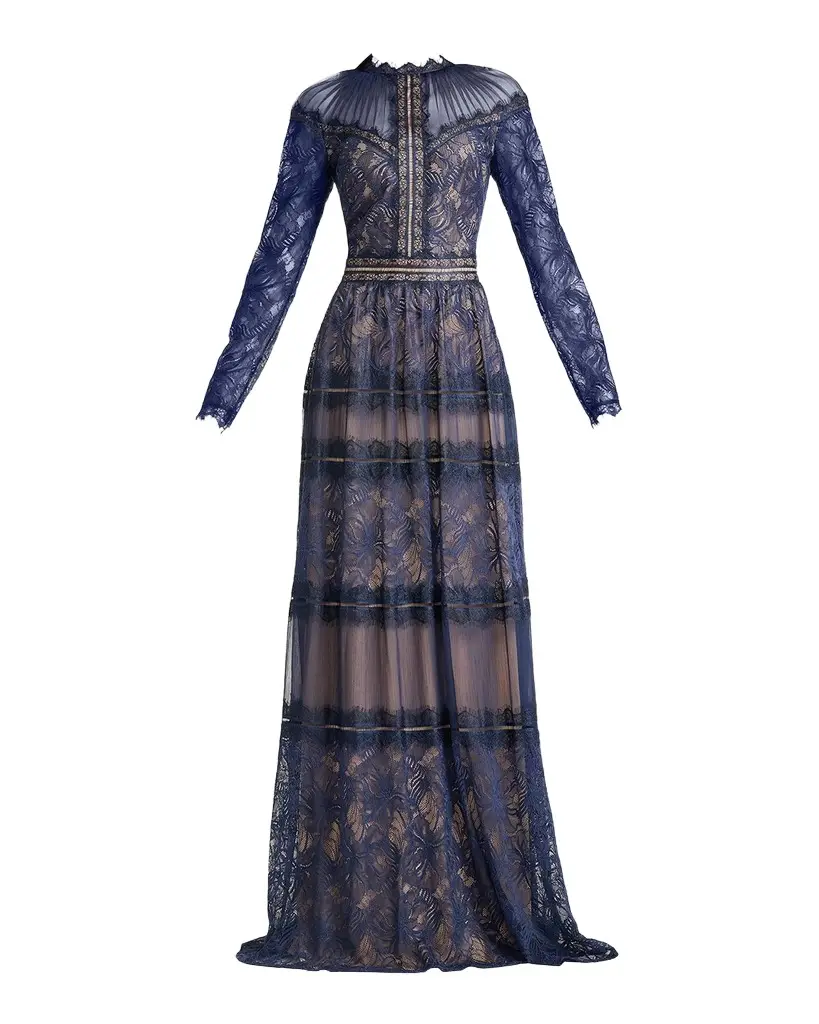 Tadashi Shoji Debore Orchid Illusion Long-Sleeve Gown | Image 1 Tadashi Shoji Debore Orchid Illusion Long-Sleeve Gown | Image 1
