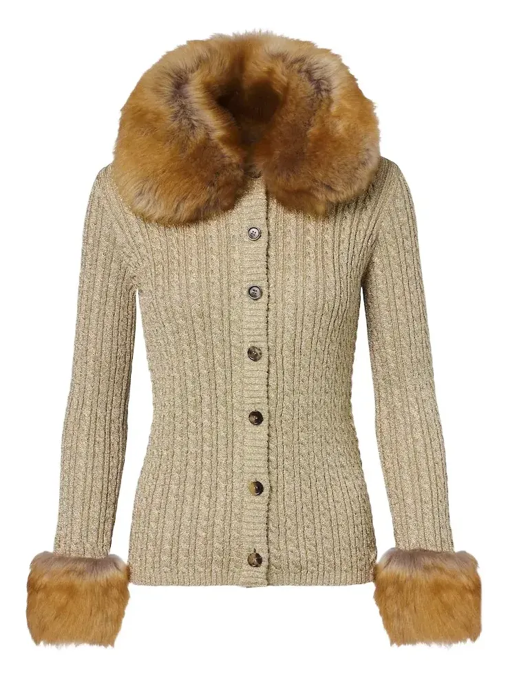 Saint Laurent Cable-knit shearling-trimmed lamé cardigan