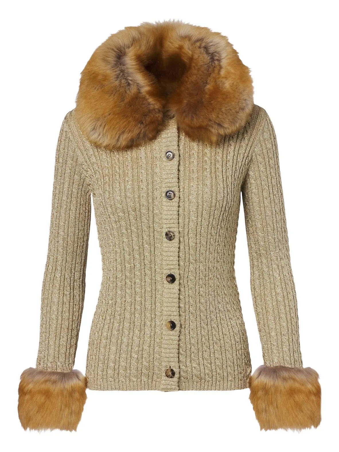 Cable-knit shearling-trimmed lamé cardigan Cable-knit shearling-trimmed lamé cardigan