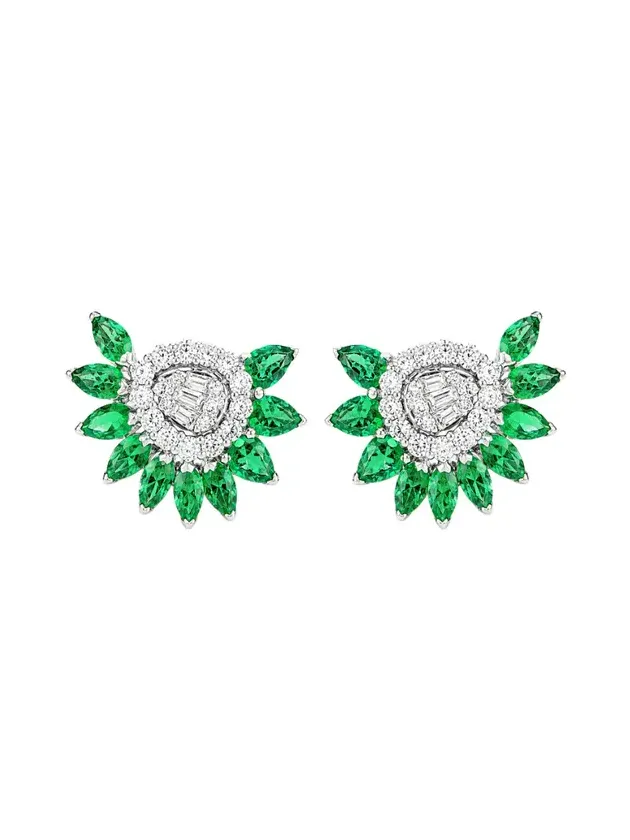 1.1ct Diamond Emerald 18K Gold Cluster Earrings 1.1ct Diamond Emerald 18K Gold Cluster Earrings