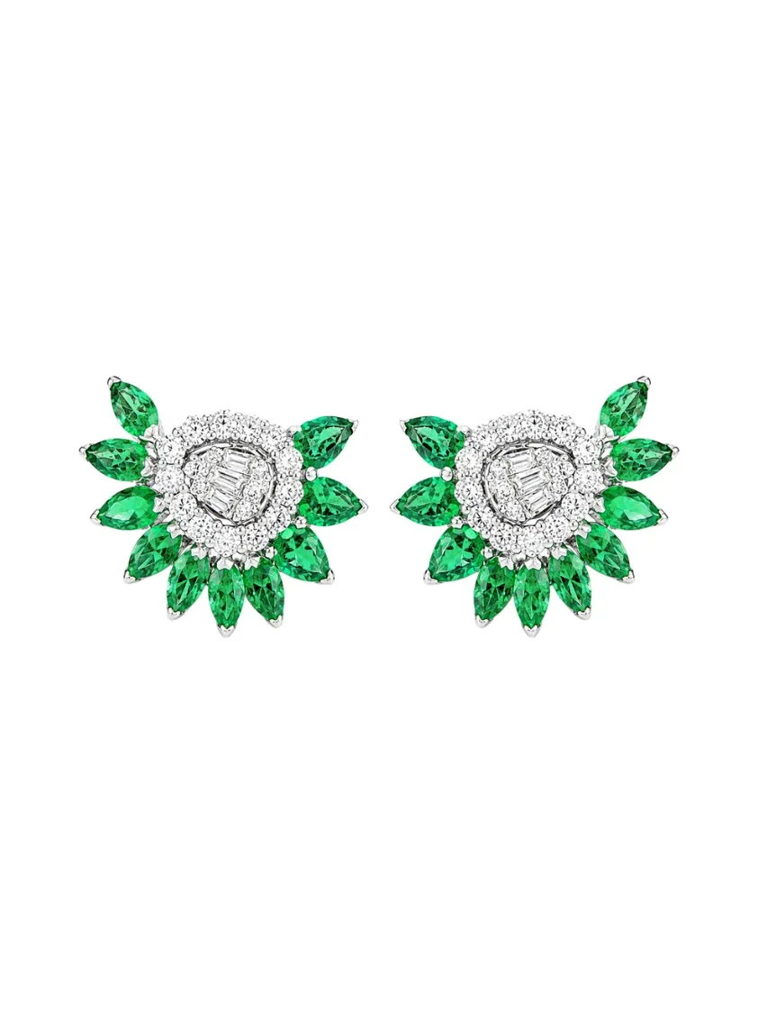 1.1ct Diamond Emerald 18K Gold Cluster Earrings 1.1ct Diamond Emerald 18K Gold Cluster Earrings
