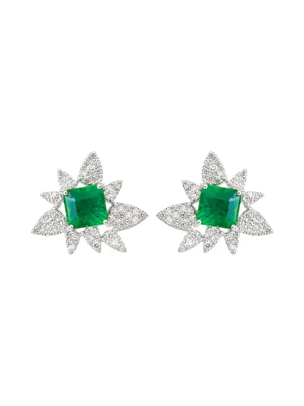 2.46ct Diamond Emerald 18K Gold Cluster Earrings