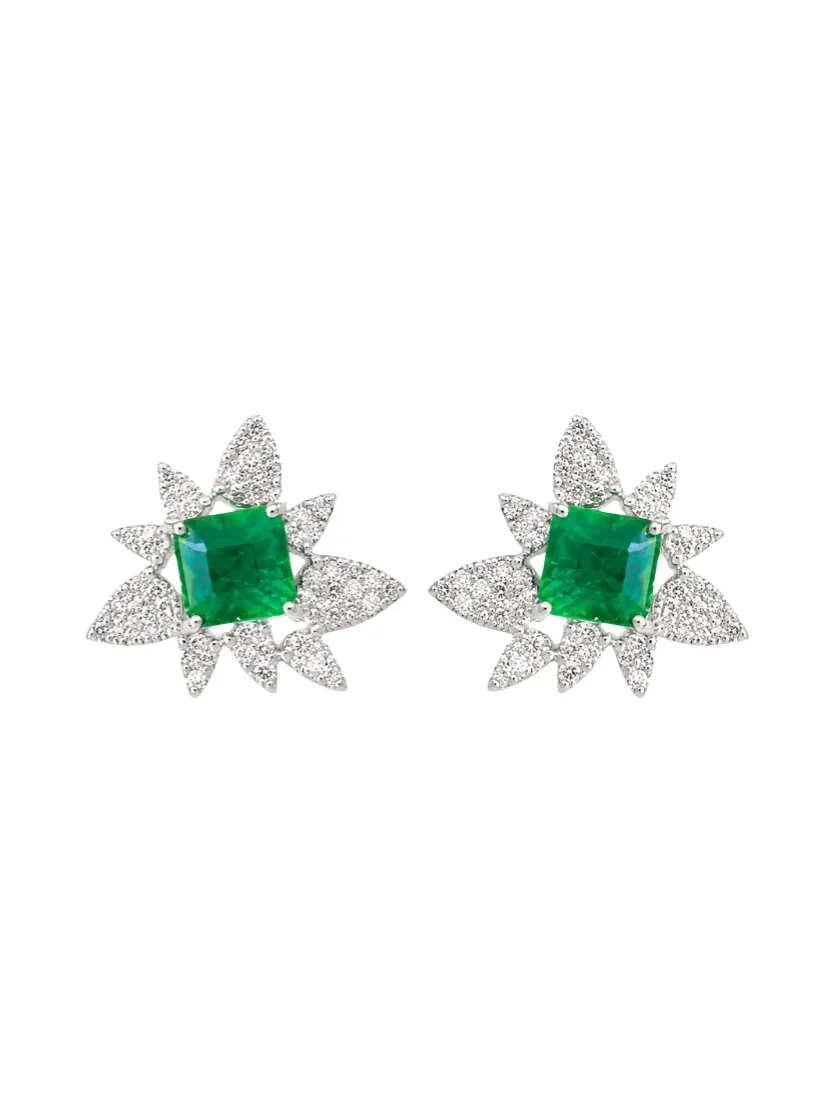 2.46ct Diamond Emerald 18K Gold Cluster Earrings 2.46ct Diamond Emerald 18K Gold Cluster Earrings