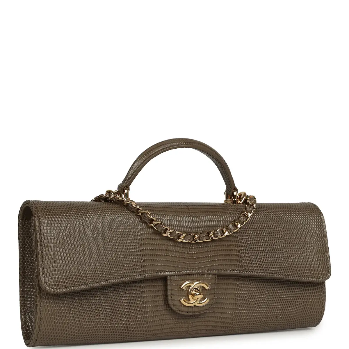 Chanel Chanel Long Top Handle Clutch with Chain Dark Khaki Lizard Embossed Calfskin Gold Hardware | Thumbnail 2
