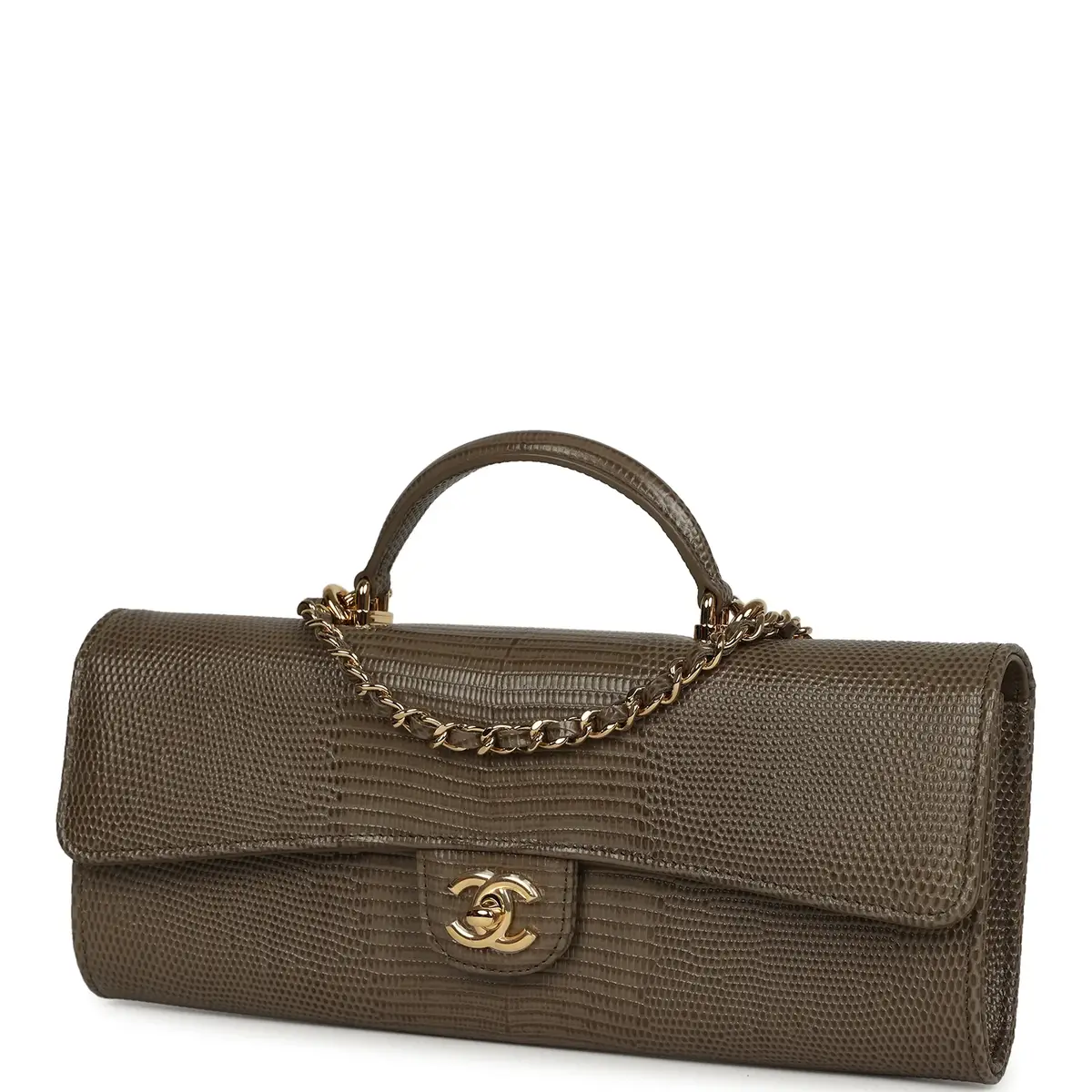 Chanel Chanel Long Top Handle Clutch with Chain Dark Khaki Lizard Embossed Calfskin Gold Hardware | Thumbnail 3