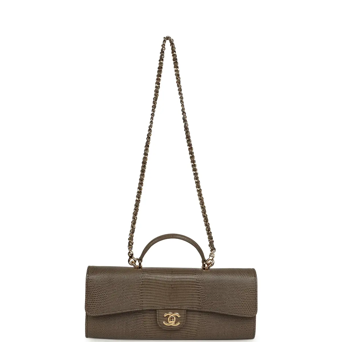 Chanel Chanel Long Top Handle Clutch with Chain Dark Khaki Lizard Embossed Calfskin Gold Hardware | Thumbnail 7